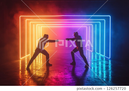 Dynamic sword fight neon-lit arena action scene urban environment low angle view clash of warriors for visual impact Dynamic sword fight neon-lit arena action scene urban environment low angle view clash of warriors for visual impact 126257720