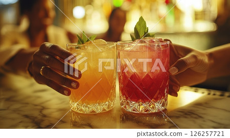 Two people are holding up glasses of cocktails, one of which is pink 126257721