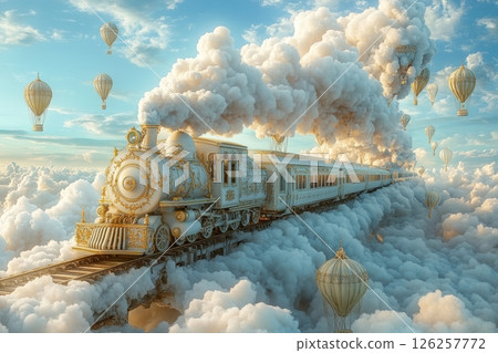 Magical train journey through clouds dreamlike landscape fantasy art aerial view surrealism for visual impact Magical train journey through clouds dreamlike landscape fantasy art aerial view surrealism for visual impact 126257772
