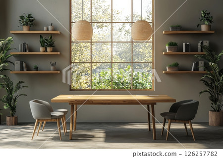 Modern minimalist office space urban setting interior design bright environment natural light productivity concept 126257782