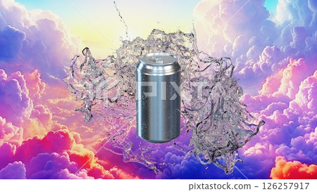 雲層下鋁罐和水濺的 3D 插圖 雲層下鋁罐和水濺的 3D 插圖 126257917