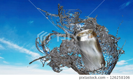 鋁罐、濺水和藍天的 3D 插圖 鋁罐、濺水和藍天的 3D 插圖 126258106