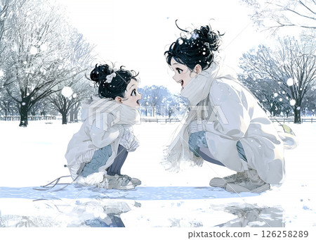 孩子和母親在冬季公園散步的插圖素材 孩子和母親在冬季公園散步的插圖素材 126258289