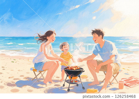 夏日海灘上一家人享受燒烤－人工智慧生成 126258468