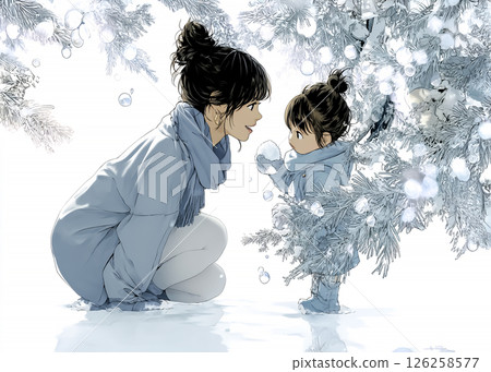 孩子和母親在冬季公園散步的插圖素材 孩子和母親在冬季公園散步的插圖素材 126258577