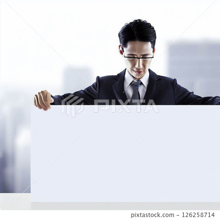 日本男性上班族！ 20 多歲、30 多歲和 40 多歲的人手裡拿著一張白紙 126258714