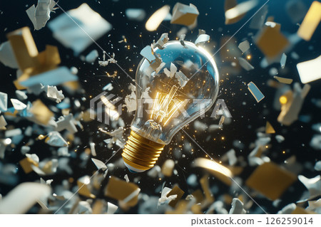 Spark of Innovation: Electric Bulb Surrounded by Shattering Pieces of Tradition in a Dynamic Scene 126259014