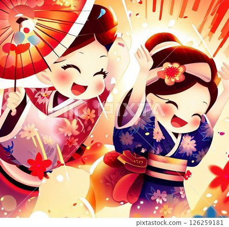日本女人！兩個可愛的微笑女孩！圖：一位十幾歲、二十幾歲和三十幾歲的女孩在夏日祭典上穿著和服浴衣 126259181