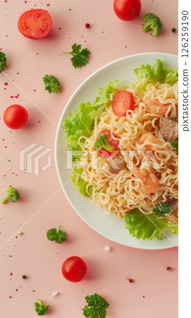 Noodle fried with topping tomato slice lettuce restaurant or homemade food Noodle fried with topping tomato slice lettuce restaurant or homemade food 126259190