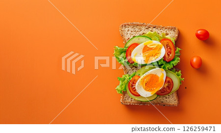 Sandwich bread with egg, tomato, lettuce and cheese for simple breakfast, copy space background Sandwich bread with egg, tomato, lettuce and cheese for simple breakfast, copy space background 126259471
