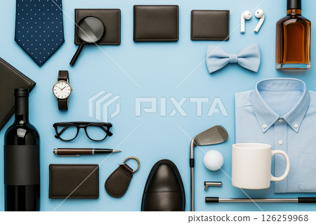 A collection of gifts for men, including shirts, ties, wine, and watches 126259968