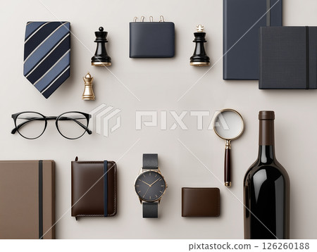 Flat lay of father's day gift set and classic accessories Flat lay of father's day gift set and classic accessories 126260188