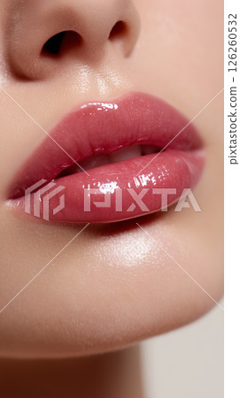 Close-up of a woman's mouth with glossy lip makeup 126260532
