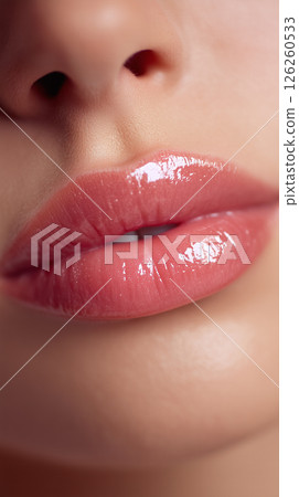 Close-up of a woman's mouth with glossy lip makeup 126260533