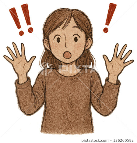 Illustration of a woman spreading her arms in surprise, a young female character frozen in surprise, 126260592