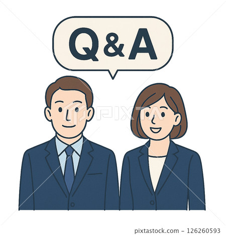 身著西裝的男女角色，以問答為主題，插圖為男女商務人士以問答形式進行解釋 126260593