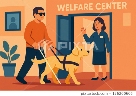 一名盲人在福利中心由導盲犬引導 一名盲人在福利中心由導盲犬引導 126260605