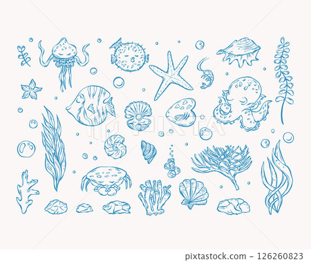 Hand drawn vector icons of sea life in blue color. Shell, starfish, octopus, jellyfish, crab, shrimp, Fish, seaweed, stone, pearl, coral cute symbols. Hand drawn vector icons of sea life in blue color. Shell, starfish, octopus, jellyfish, crab, shrimp, Fish, seaweed, stone, pearl, coral cute symbols. 126260823