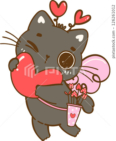 Cute Cupid Valentine Black Cat hug tiny heart Cartoon Doodle 126261012
