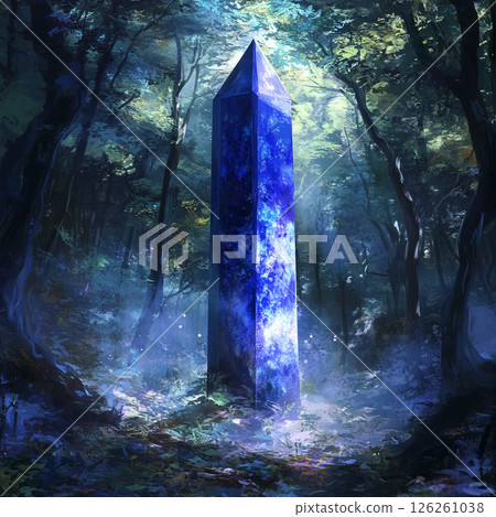 An image of a lapis lazuli pendulum standing quietly in a deep forest 126261038