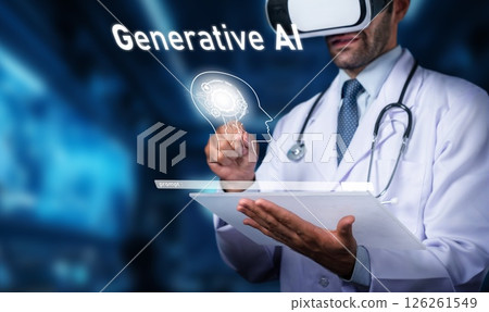 Doctor using virtual reality headset to explore generative AI technology in a futuristic healthcare environment, showcasing medical innovation and patient care. PHMT 126261549
