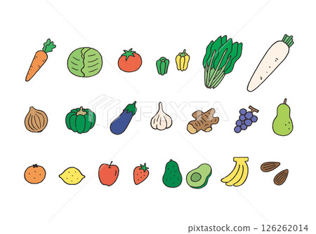 Hand-drawn illustration set of main foods containing vitamins (color) 126262014