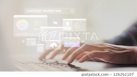 Hands Typing on Laptop with Digital Marketing Analytics and Content Strategies Visual Displaying Data Insights and Business Growth Concepts XDMCP 126262107