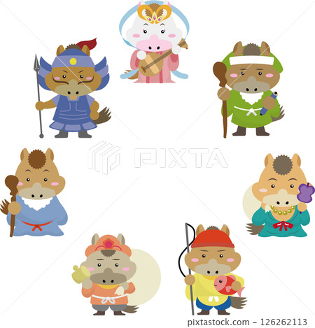 慶祝 2026 年馬年！七福神的馬兒畫著圓圈的可愛畫框風格插畫 126262113