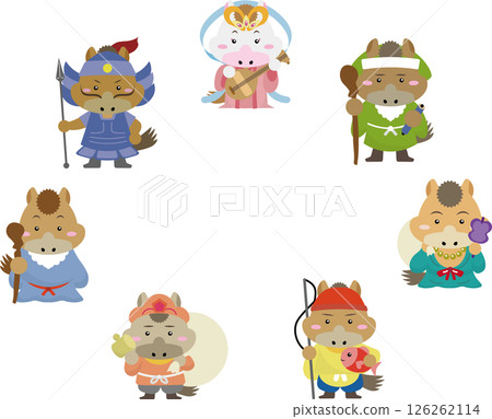 慶祝 2026 年馬年！七福神的馬兒畫著圓圈的可愛畫框風格插畫 126262114