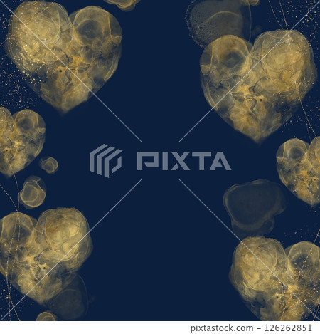 抽象方形暗模板。藍色背景上的酒精墨水藝術金心和氣泡 126262851