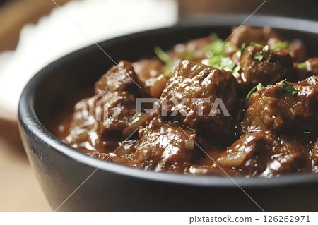 Delicious beef stew simmering in rich gravy with herbs 126262971
