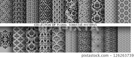 Geometric floral set of seamless patterns. Gray and black vector backgrounds. Damask graphic ornaments Geometric floral set of seamless patterns. Gray and black vector backgrounds. Damask graphic ornaments 126263739