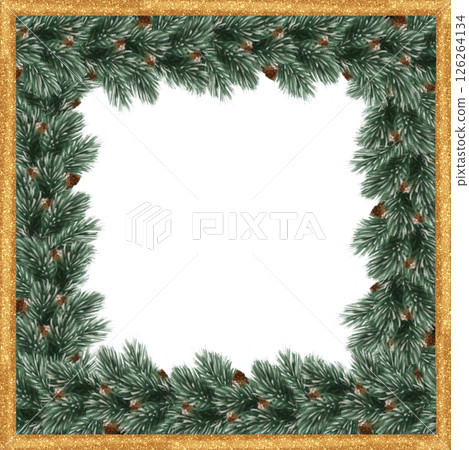 Hand-drawn square frame featuring pine branches, cones, and a gold border, ideal for Christmas decor, holiday greeting cards, and festive designs. 126264134