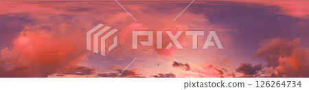 Seamless 360 HDR spherical panorama of sunset sky with vibrant pink Cumulus clouds. Full zenith or sky dome in 3D, sky replacement for aerial drone panoramas. Climate and weather change. 126264734