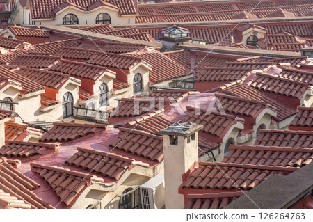 Roofs Tiles Architecture: Dense Red Tile Rooftops, Residential Area, Modern Construction, Aerial View. 126264763