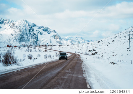 Lofoten winter landscape with fjord and snowy peaks 126264884