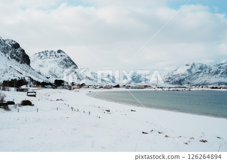 Snowy Ramberg Beach and Mountains in Lofoten Snowy Ramberg Beach and Mountains in Lofoten 126264894