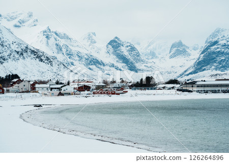 Snowy Ramberg Beach and Mountains in Lofoten 126264896