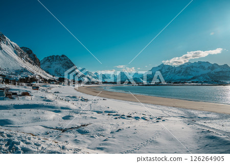 Snowy Ramberg Beach and Mountains in Lofoten 126264905