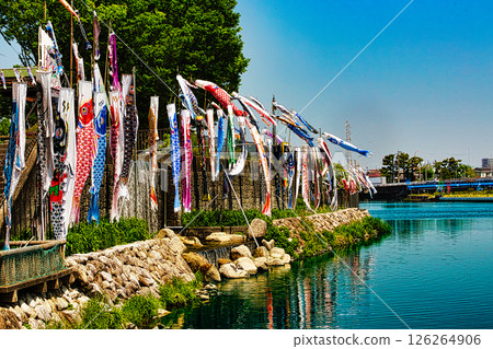 每逢端午節，水渠兩旁的鯉魚旗歡快地飄揚。 126264906