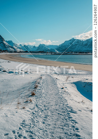 Snowy Ramberg Beach and Mountains in Lofoten Snowy Ramberg Beach and Mountains in Lofoten 126264907