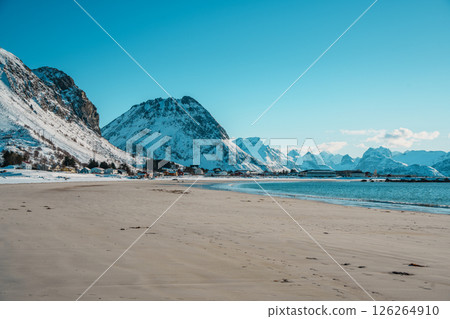 Snowy Ramberg Beach and Mountains in Lofoten 126264910