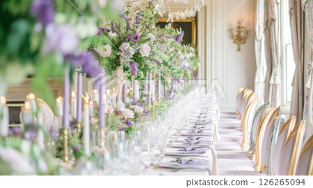 Elegant indoor wedding dining table with floral arrangements in shades of purple, lavender and pink, set in a grand room with mirrors and chandeliers. 126265094