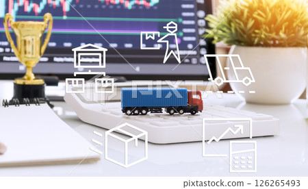 Miniature truck on calculator with digital logistics icons and stock market chart, symbolizing supply chain strategy, delivery, and performance tracking. 126265493