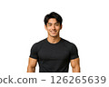 A handsome, slim-muscular Japanese man in his 20s smiling with his arms folded - a realistic-style illustration of him in fitness wear 126265639