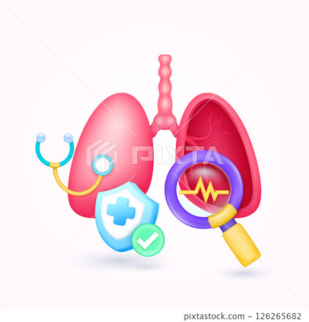 Lung health check up with doctor. Yellow heart pulse in magnifying glass looking organ diagnosis and shield symbol cross, check mark button. Medical health care. Cartoon vector. Lung health check up with doctor. Yellow heart pulse in magnifying glass looking organ diagnosis and shield symbol cross, check mark button. Medical health care. Cartoon vector. 126265682