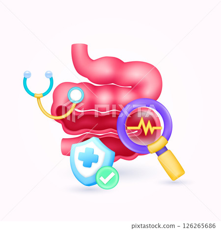 Small intestine health check up with doctor. Yellow heart pulse in magnifying glass looking organ diagnosis and shield symbol cross, check mark button. Medical health care. Cartoon vector. 126265686