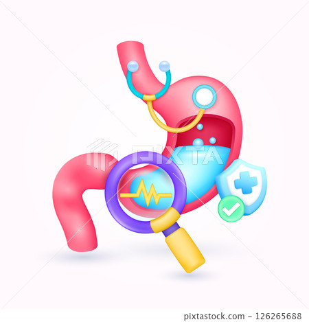 Stomach health check up with doctor. Yellow heart pulse in magnifying glass looking organ diagnosis and shield symbol cross, check mark button. Medical health care. Cartoon vector. 126265688