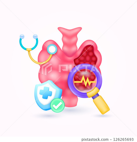 Thyroid gland health check up with doctor. Yellow heart pulse in magnifying glass looking organ diagnosis and shield symbol cross, check mark button. Medical health care. Cartoon vector. 126265693