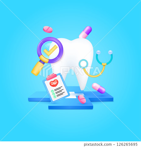Tooth health care with doctor. Pills, Document form board and stethoscope check mark in magnifying glass looking diagnosis floating on cross medical symbols. 3d cartoon organ vector. 126265695